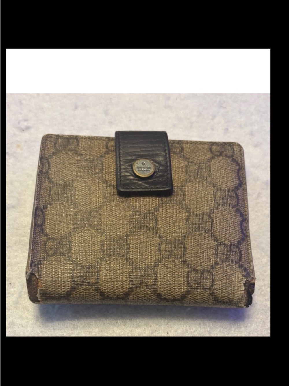 Gucci Brown Monogram Canvas Bi-Fold Wallet with Black Snap Tab
